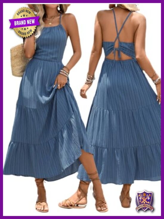 Dresses & Skirts - Spaghetti Strap Tiered Maxi Dress - Backless Flowy Pleated Swing Boho Dress